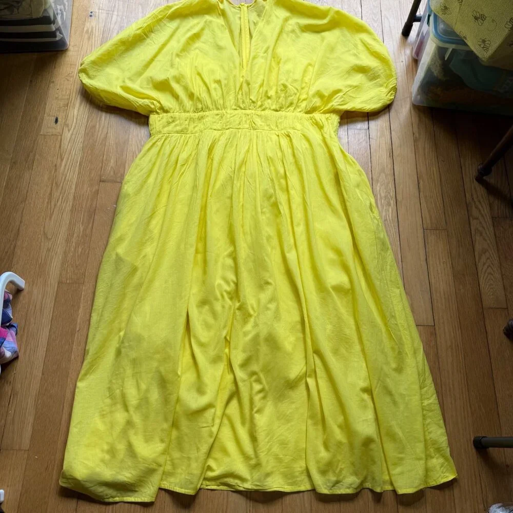 Banana Republic Size XL Yellow Lemon Candy Voile Elbow Sleeve V-Neck Midi Dress - Picture 16 of 16